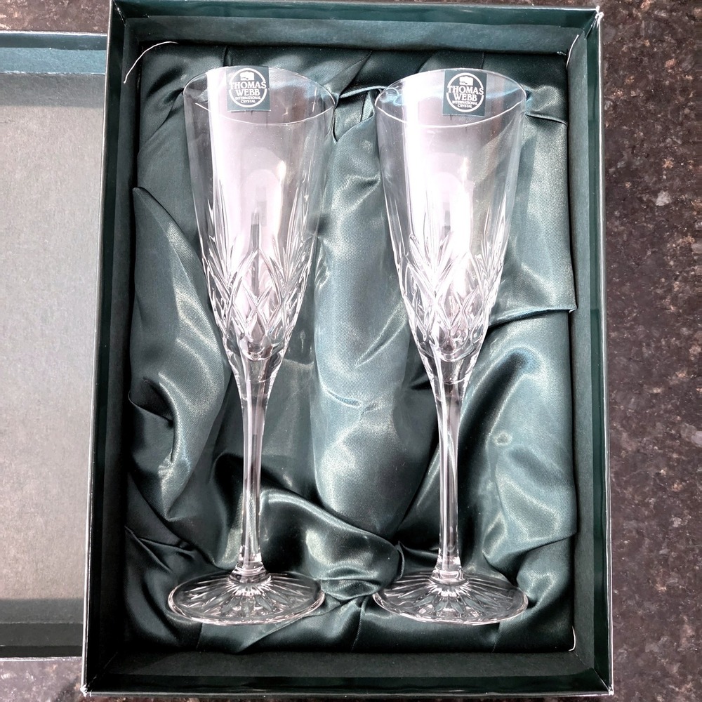 Thomas Webb Champagne Flutes Clear Cut Crystal Set of 2‎ Boxed NIB